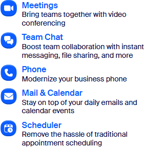 Featuring Meetings, Team Chat, Phone, Mail & Calendar, and Schedular