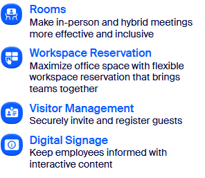 Featuring Rooms, Workspace Reservation, Visitor Management, and Digital Signage